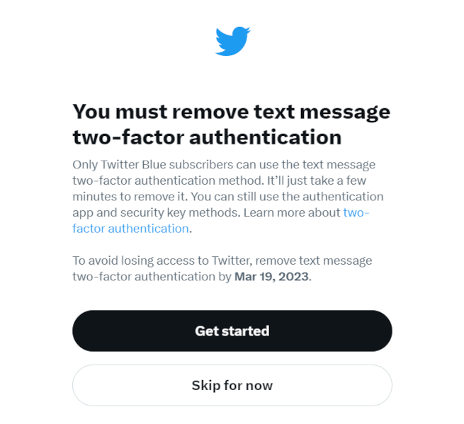 Twitter prohibits text authentication, allows blue users 